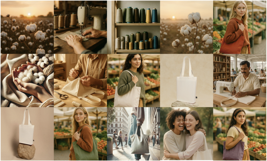 Hier ist ein Moodboard zu sehen, das ich für einen Taschenhersteller erstellt habe. Auf dem Moodboard sind Produkte, Personen, Farbwelt und Stimmungen zu sehen, die komplett mit KI generiert wurden und mit spezifischen Produkten aus dem Sortiment des Kunden kombiniert wurden. Es handelt sich hierbei um Baumwolltaschen. Die Baumwolltaschen wurden als Produkt-Foto der KI mit gegeben, um dieses Composing zu generieren.