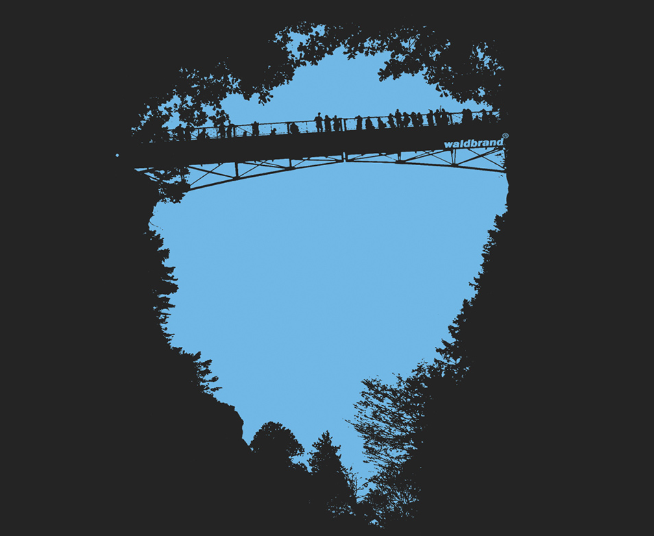 Siebdruck-Grafik einer Brücke mit Menschen, umgeben von Bäumen, Wald und Natur.