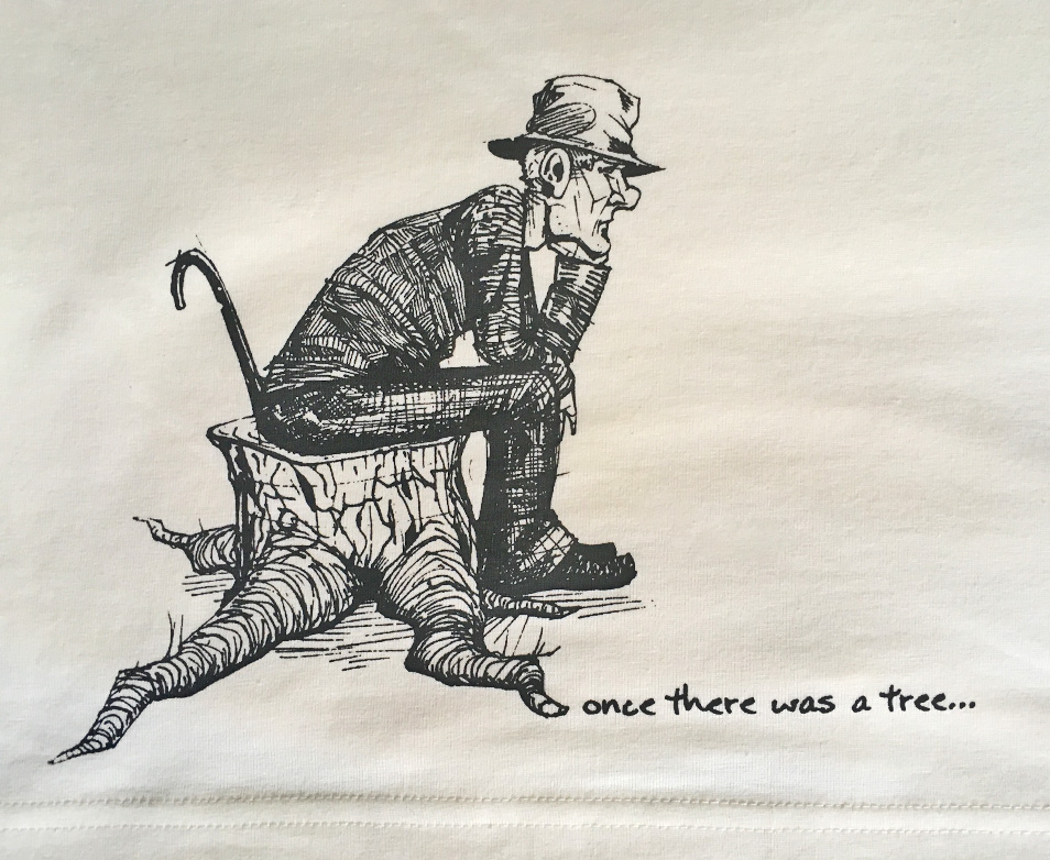 Once there was a tree, shirt, Grafik, illustration, Javan van Zandt, Illustrator, mann, Baumstumpf, Baumstamm, alter mann mit stock und hut, siebdruck, textil druckerei