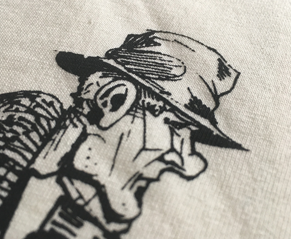 Once there was a tree, shirt, Grafik, illustration, Javan van Zandt, Illustrator, mann, Baumstumpf, Baumstamm, alter mann mit stock und hut, siebdruck, textil druckerei