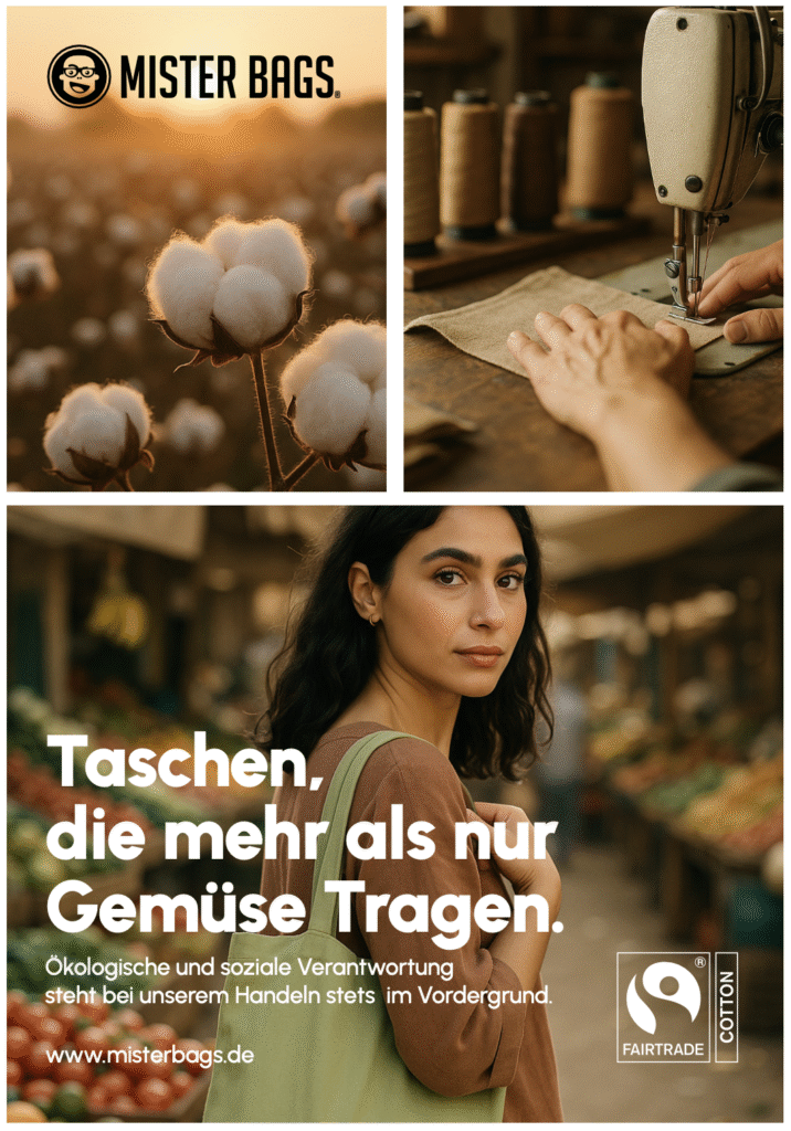 Hier ist eine fiktive Anzeige zu sehen, die ich für den Taschenhersteller erstellt habe. Auf den anzeigen sind jeweils Frauen zu sehen, die komplett mit KI generiert wurden und die spezifische Produkte aus dem Sortiment des Kunden am Körper tragen. Es handelt sich hierbei um Baumwolltaschen. Die Baumwolltaschen wurden als Produkt Foto der KI mit gegeben, um dieses Composing zu generieren.