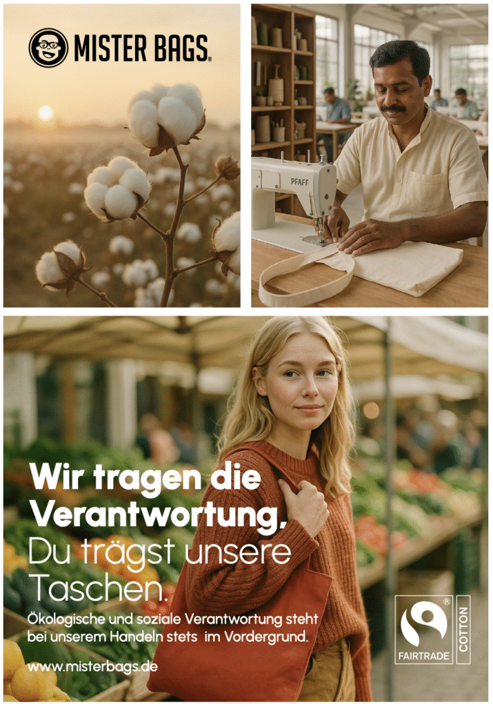 Hier ist eine fiktive Anzeige zu sehen, die ich für den Taschenhersteller erstellt habe. Auf den anzeigen sind jeweils Frauen zu sehen, die komplett mit KI generiert wurden und die spezifische Produkte aus dem Sortiment des Kunden am Körper tragen. Es handelt sich hierbei um Baumwolltaschen. Die Baumwolltaschen wurden als Produkt Foto der KI mit gegeben, um dieses Composing zu generieren.